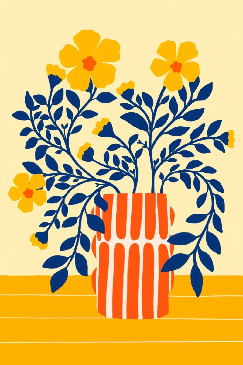 Yellow flowers in striped Vase poster con telaio in plastica da Tida vom Weg