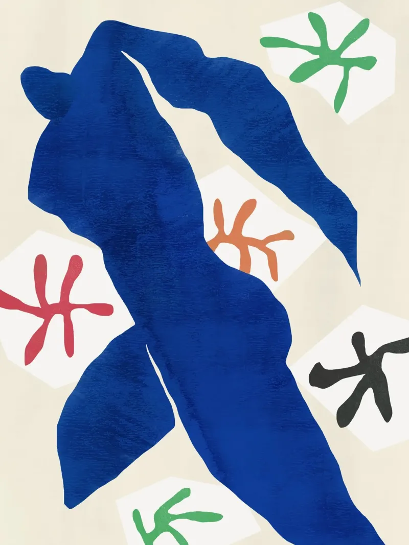 Blaue ausgeschnittene abstrakte Figur Poster mit Holzrahmen von Little Dean