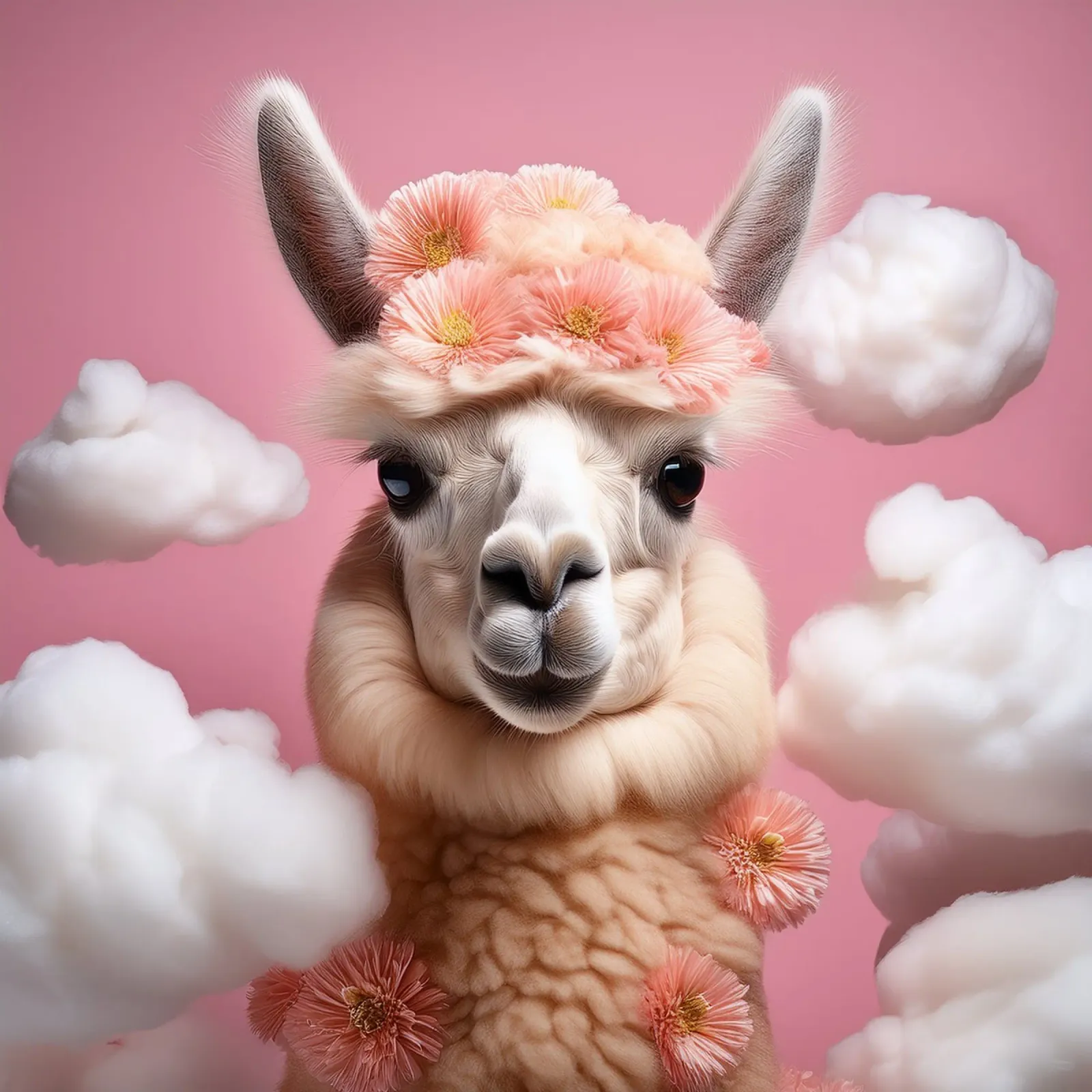 Blumengekröntes Lama in einer verträumten Wolkenlandschaft - Boho Animal Hahnemühle von FlexiDesignsByK