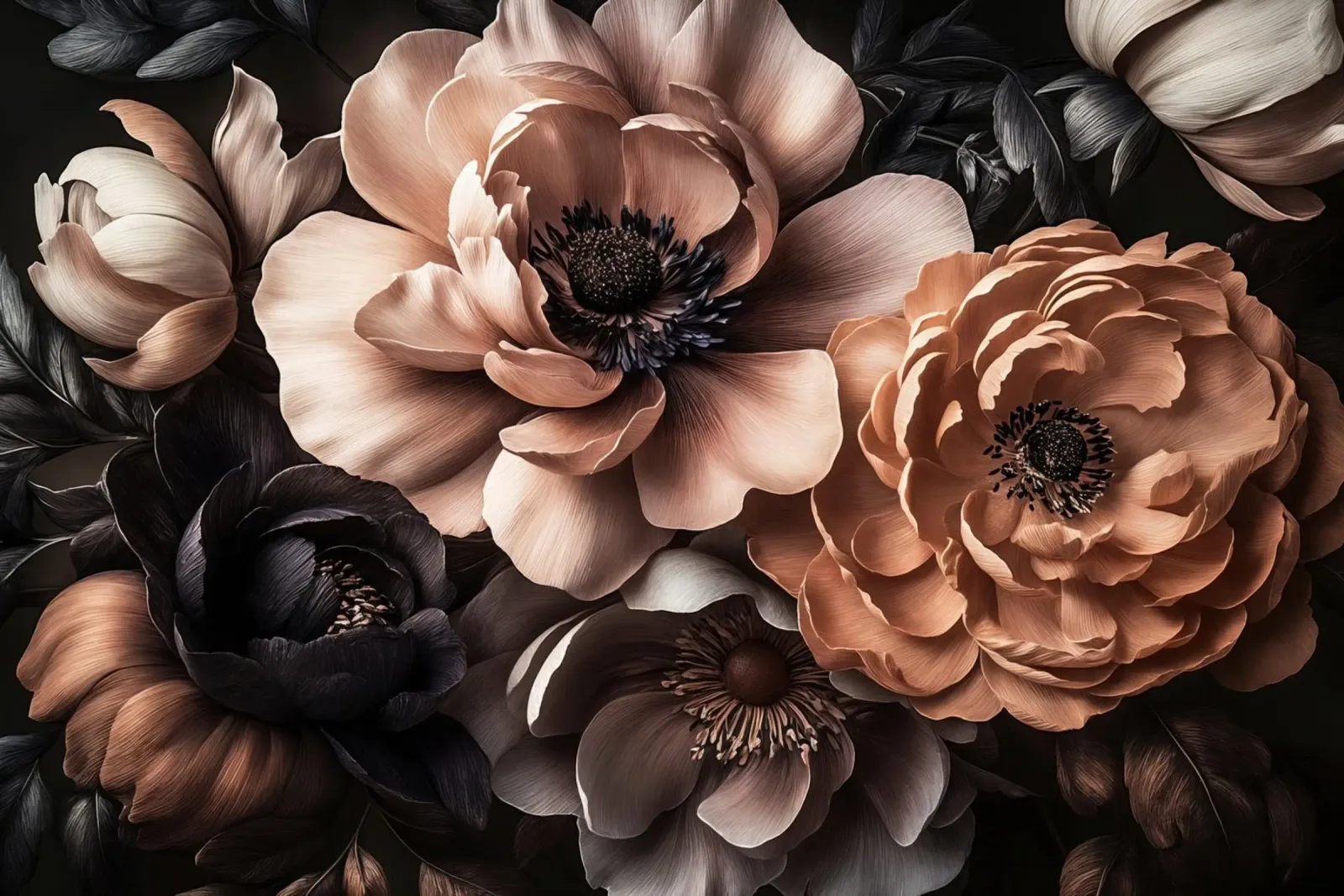 Noir Petal Fantasy Moka Mousse Marrone Pesca poster con telaio in alluminio da Andrea Haase Floral Passion