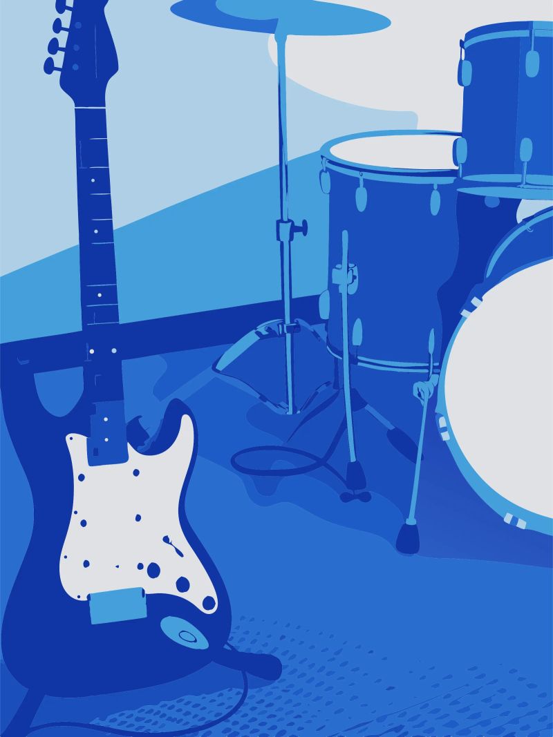 Blaue Gitarre und Schlagzeug Poster von MUSIC EDITION