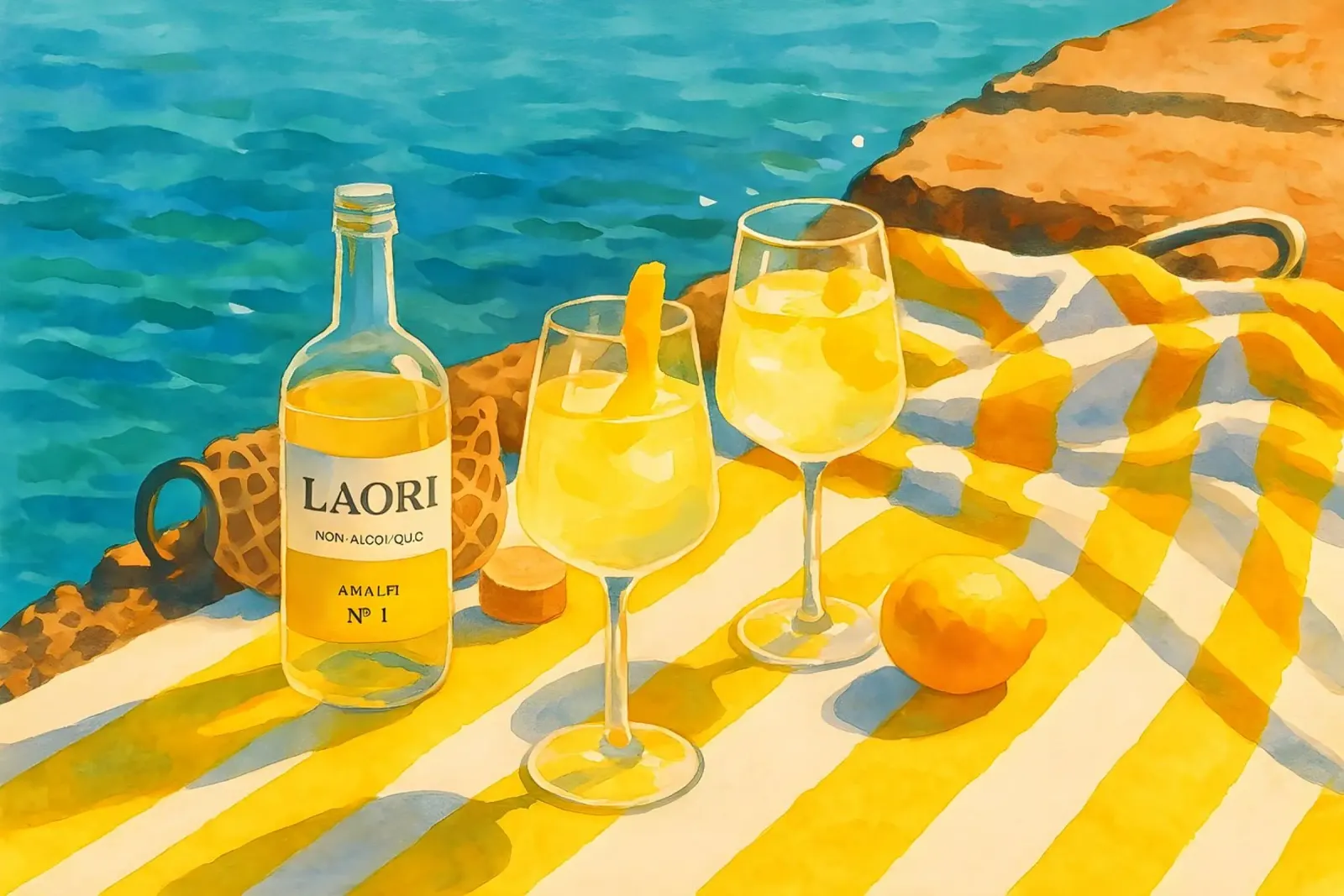 Bevanda rinfrescante agli agrumi di Amalfi in riva al mare poster con telaio in legno da Aquarevo