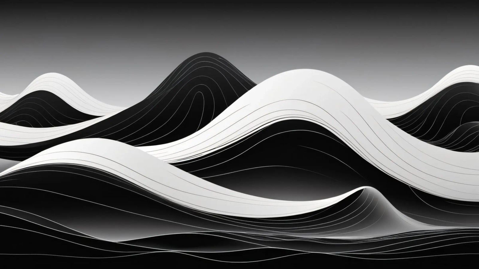 Dynamic black and white waves creating an abstract landscape canvas by DesignDoodle