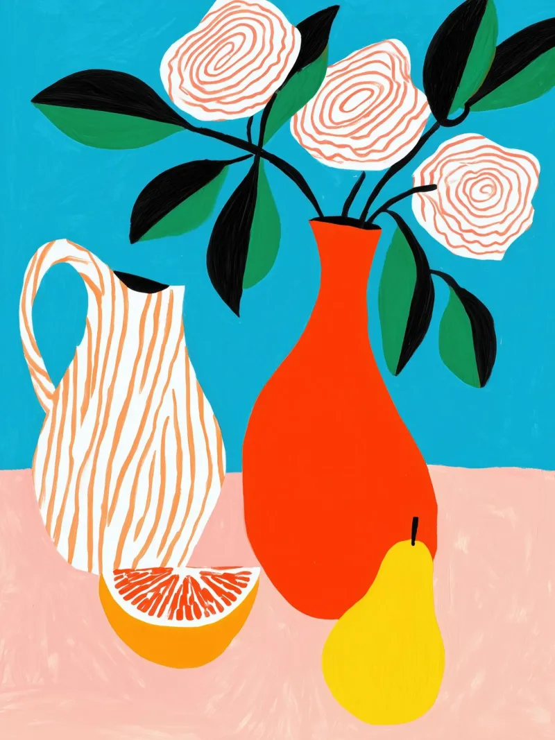 Light summery still life with red vase and fruit hahnemühle by Autofocus