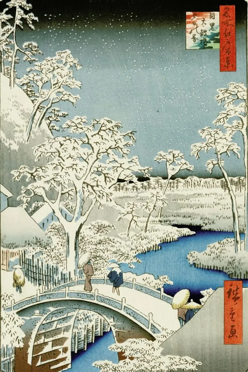 Hiroshige - Drum Bridge and 'Setting Sun' Hill, Meguro poster da ARTOTHEK