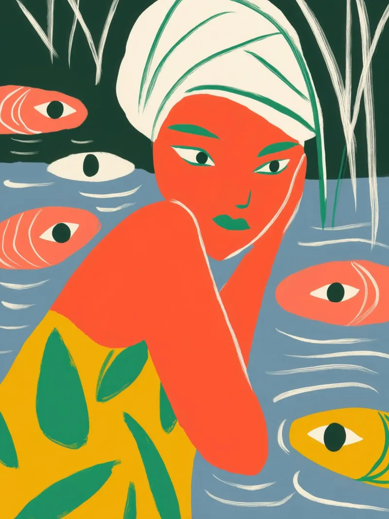 Vrouw badend met de vissen in de vijver canvas met Baklijst van Autofocus