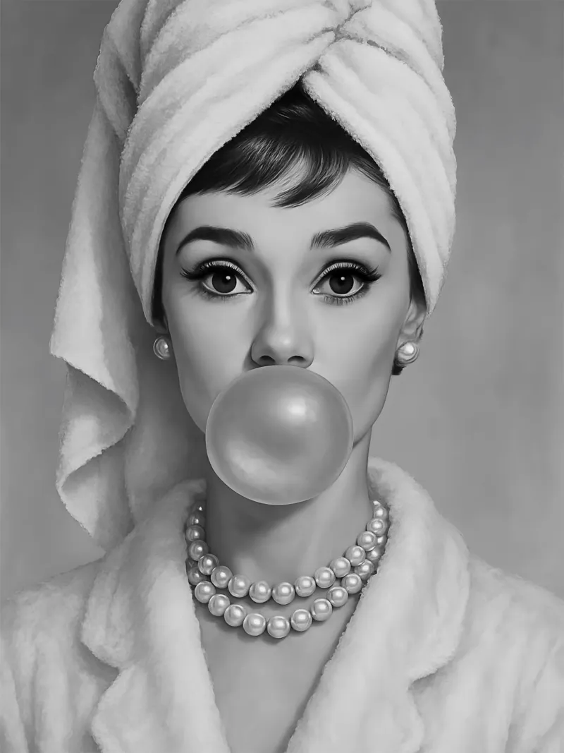 Audrey Hepburn Bubble Gum in bianco e nero pellicola backlit da ARTOMATIC