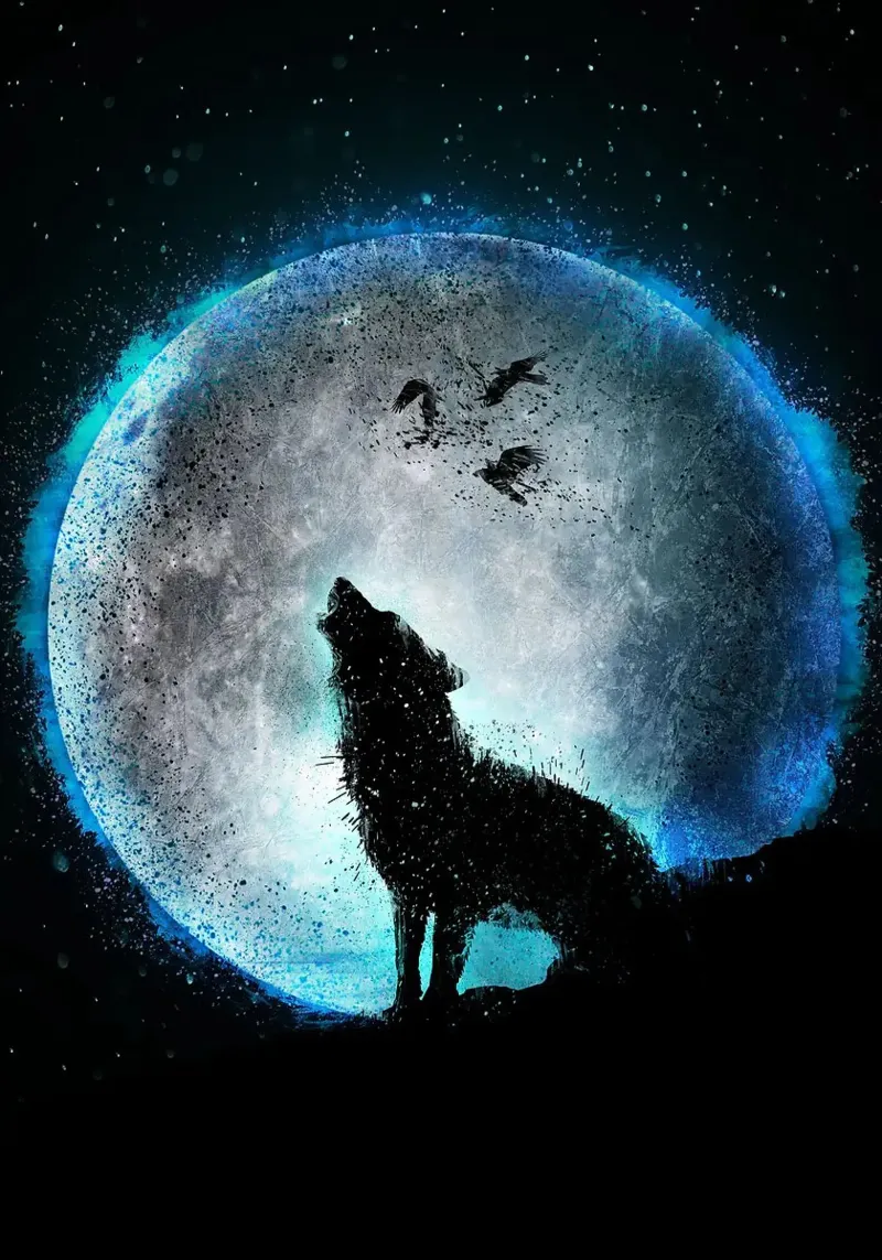 Wolf Mond Vögel Silhouette Poster mit Holzrahmen von James Isaac Jackson