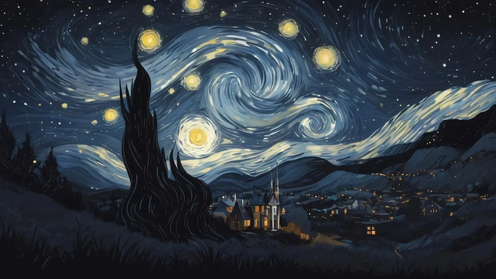 Il cielo notturno pieno di stelle vorticose sopra un tranquillo villaggio poster con telaio in legno da DesignDoodle