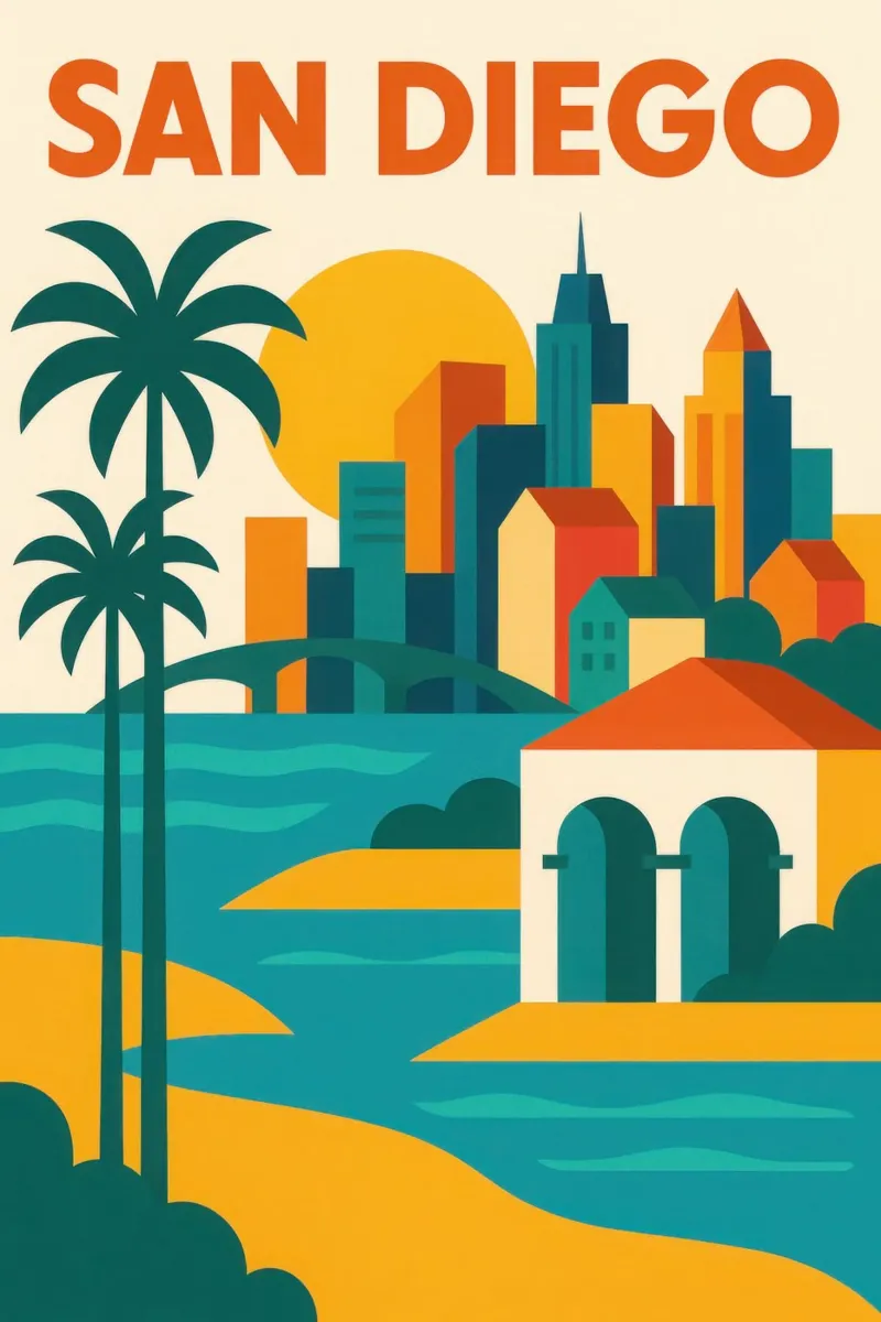 San Diego, skyline soleggiato e coste californiane poster con telaio in legno da JETLAG | affiches voyage