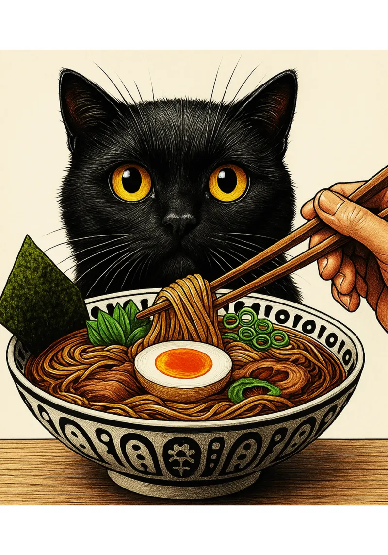 Gatto nero che spera nel design artistico di Ramen tela con Cornice a cassetta da the gondals