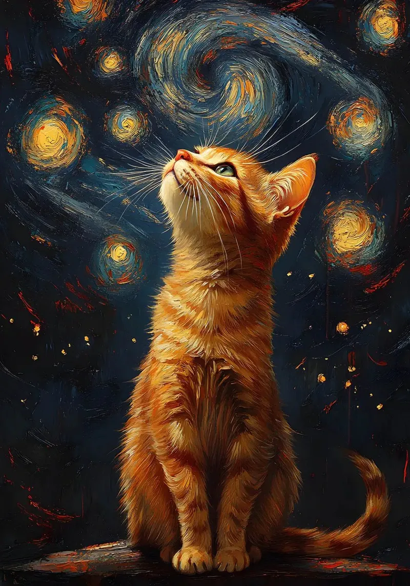 gatto cielo stellato pelliccia arancione felino poster con telaio in legno da James Isaac Jackson