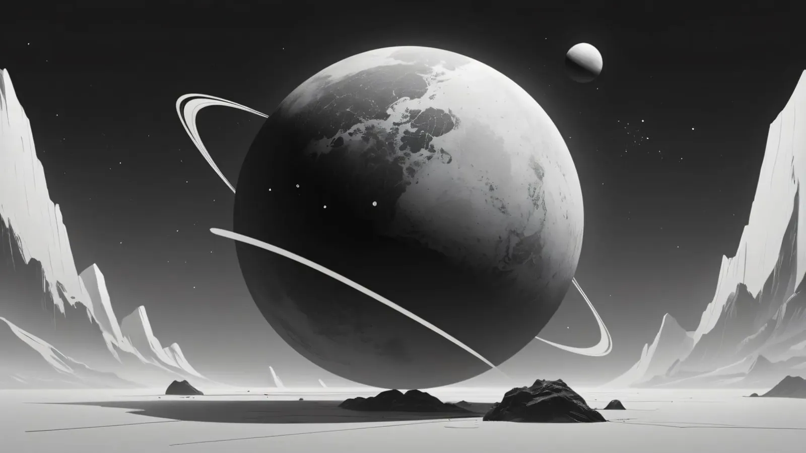 planet with rings hovering over a desolate landscape under a forex plate by DesignDoodle