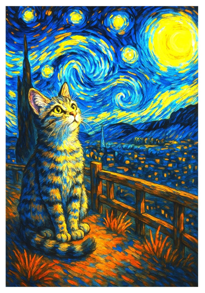 Maglietta Cat Starry Night, maglietta gatto, regalo per gli amanti dell'arte, Van Gog poster con telaio in alluminio da the gondils