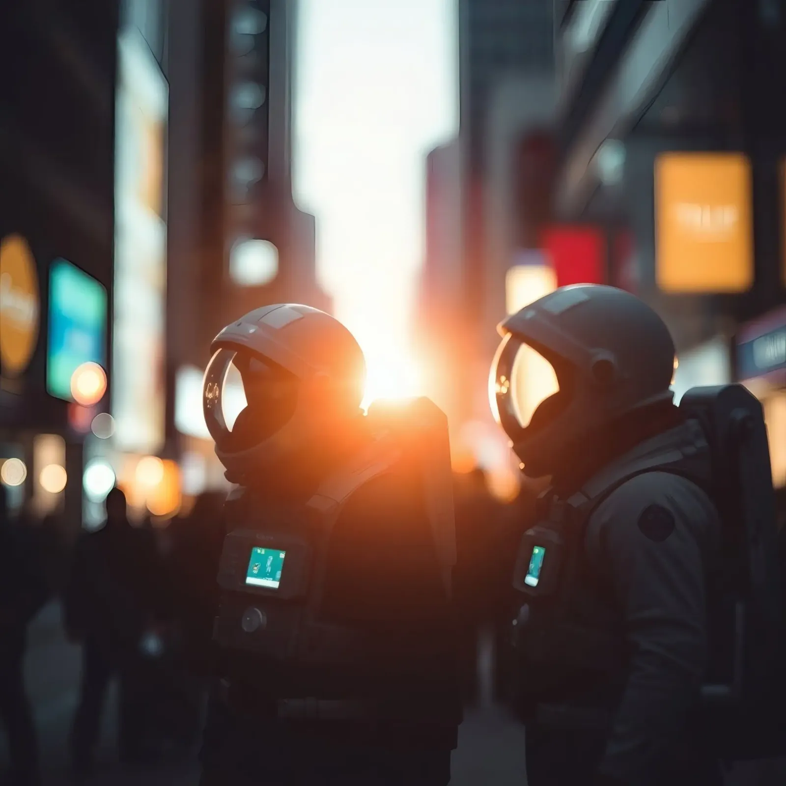 Due astronauti esplorano una città vivace durante il tramonto pellicola backlit da DesignDoodle