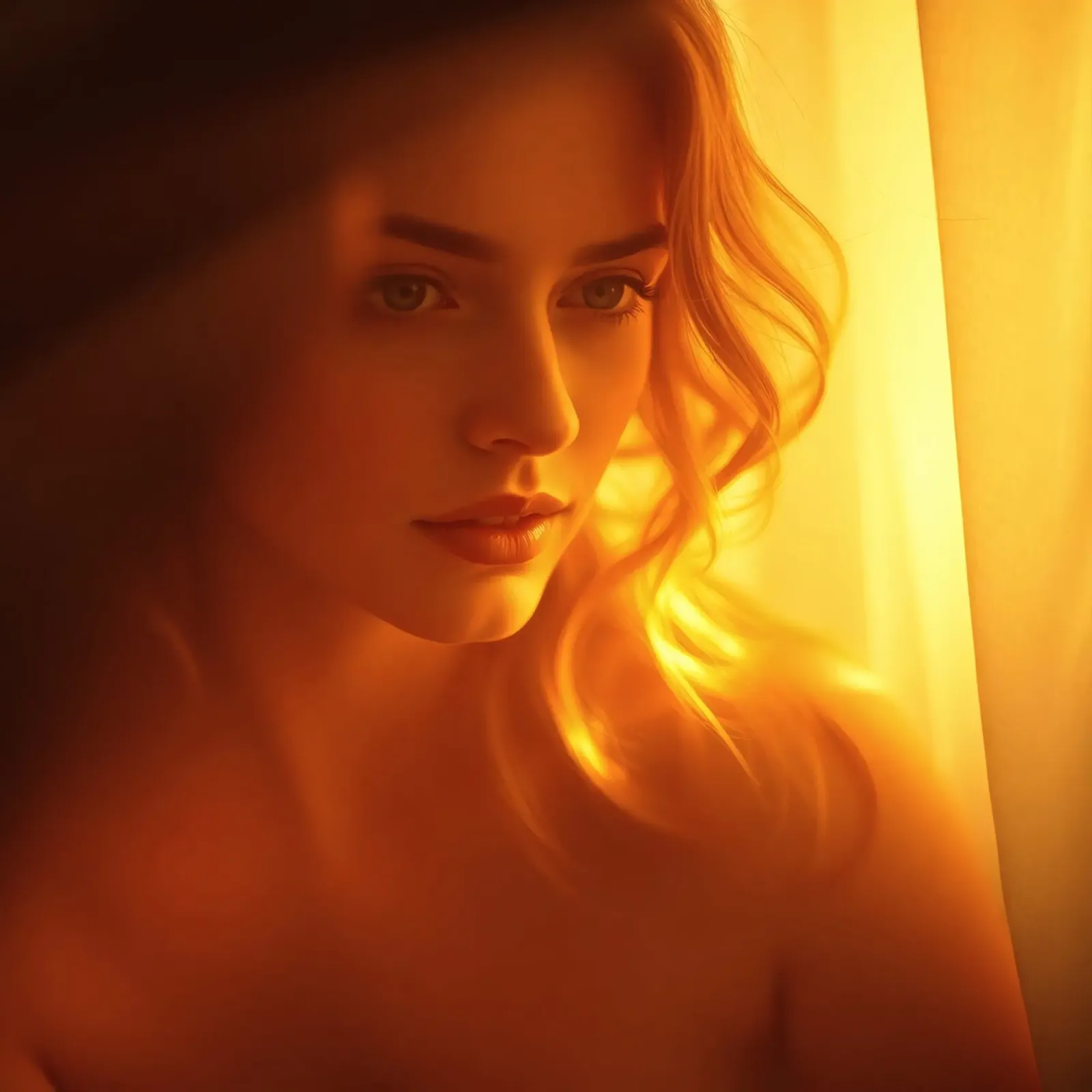 Une douce lumière dorée met en valeur l'expression calme d'une femme. hahnemühle de DesignDoodle