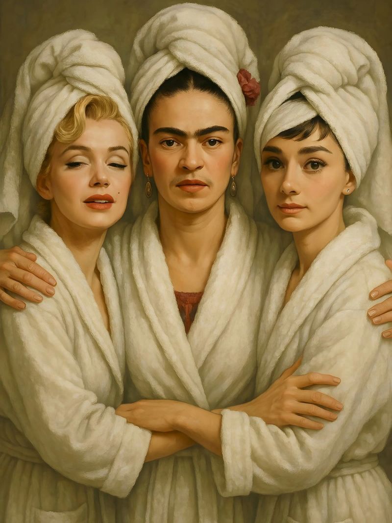 Marilyn Monroe Frida Kahlo Audrey Hepburn in accappatoio pellicola backlit da ARTOMATIC