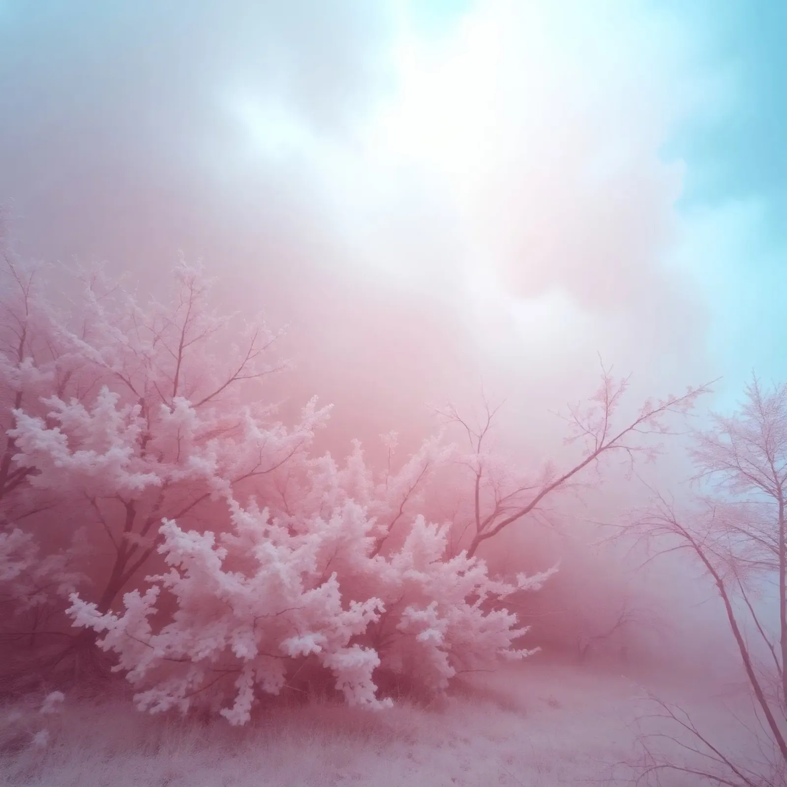 il paesaggio con il fogliame rosa e la nebbia all'alba crea un sogno poster con telaio in legno da DesignDoodle