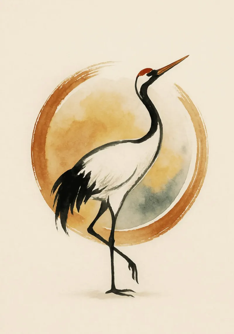 Watercolor Sun Circle Japanese Crane Art poster con telaio in alluminio da Mosaic Dialogue