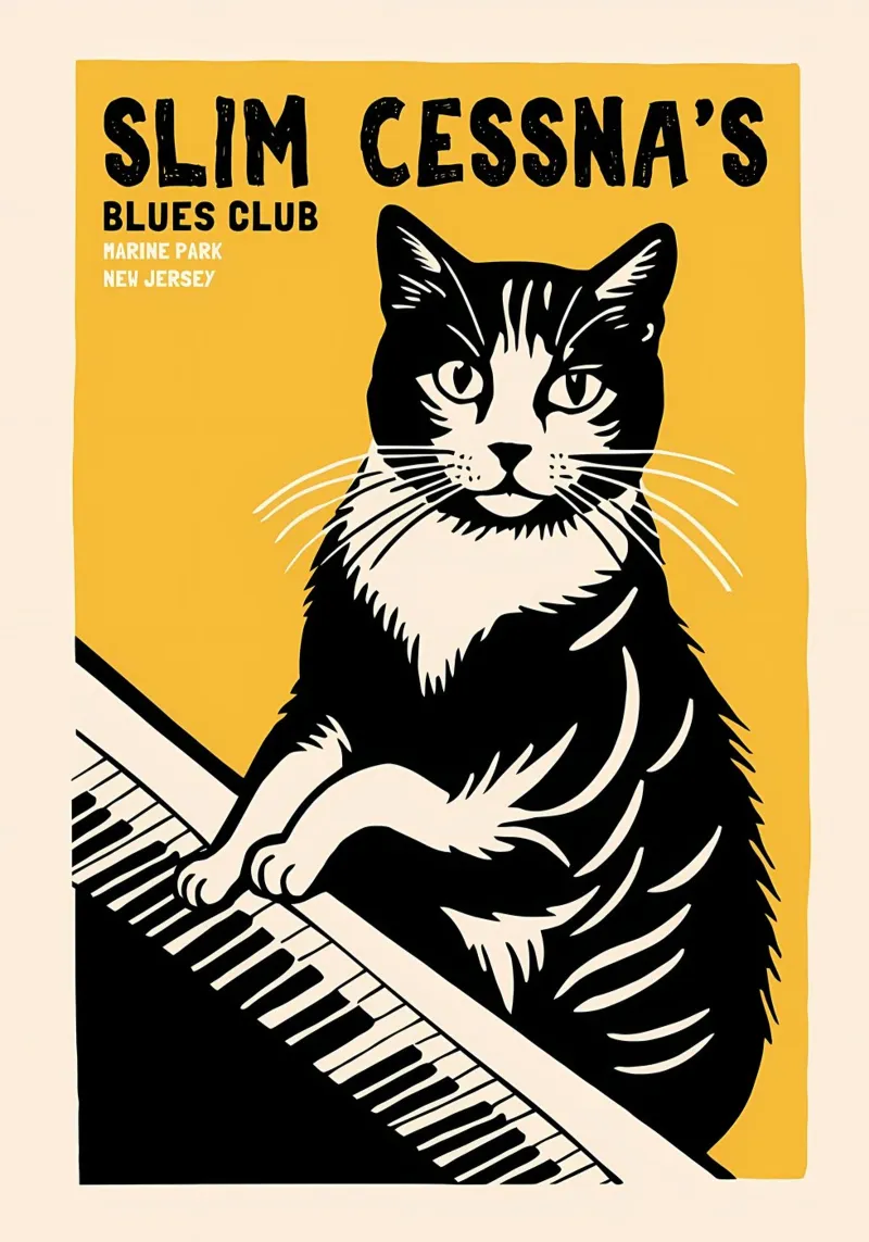 gatto tastiera del pianoforte testo poster con telaio in legno da Janine P McGuire