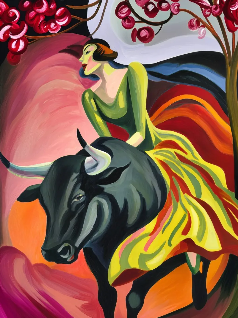 Die Frau reitet den Stier in den Frühling | Leinwand-Malerei Poster von Autofocus
