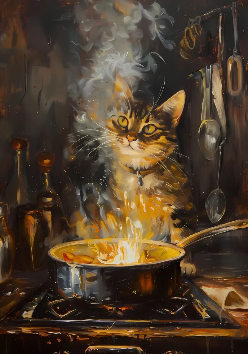 gatto cucina cucina pentola fuoco carta hahnemühle da MinimalistPosterCharles
