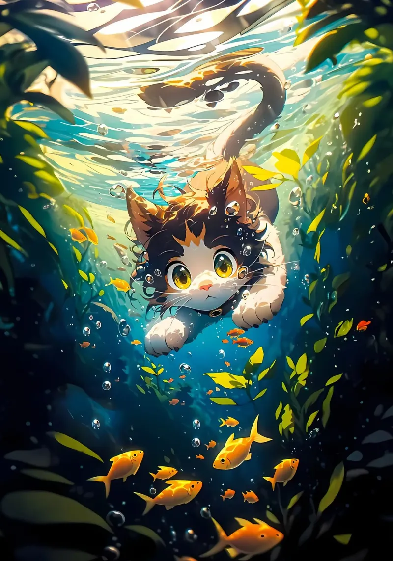 cat underwater fish seaweed forex plate by MinimalistPosterCharles