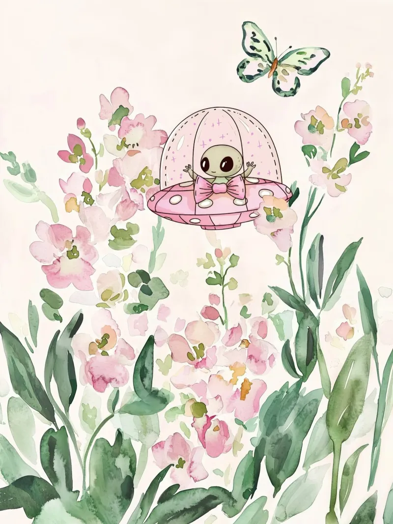 Alieno in rosa UFO tra fiori botanici Arte per bambini stravagante poster con telaio in legno da Gentle Echoes Art