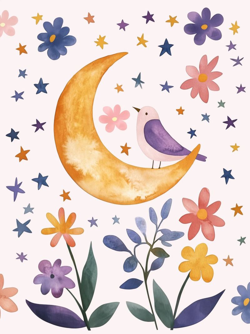 Feathered Bird on Moon and Stars Botanical Vintage Floral poster by Gentle Echoes Art