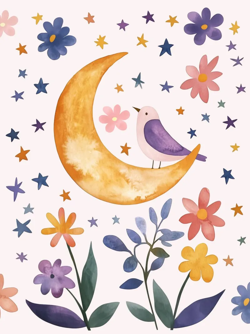 Uccello piumato su luna e stelle Botanico Vintage Floreale poster con telaio in legno da Gentle Echoes Art
