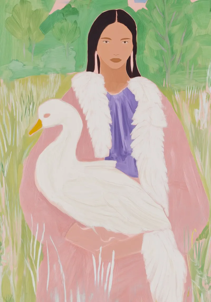 Moderne Kunstdruk, Abstracte Vrouw, Zwaan Poster canvas met Baklijst van Boheme