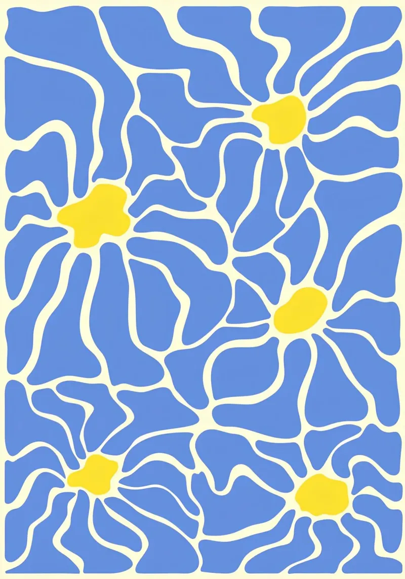 Floreale ispirato a Matisse: ritagli astratti, blu e giallo, M poster con telaio in alluminio da NorwesClub