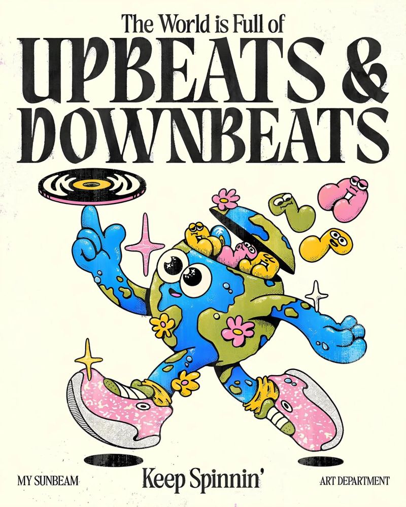 "Upbeats & Downbeats" Erd-Musik-Kunst - Retro-Funky-Charakter Poster von NorwesClub