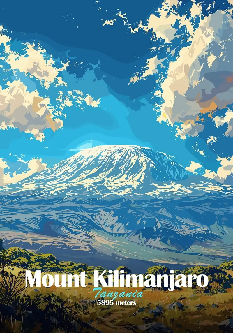 Monte Kilimanjaro montagna Tanzania neve poster con telaio in alluminio da James Isaac Jackson