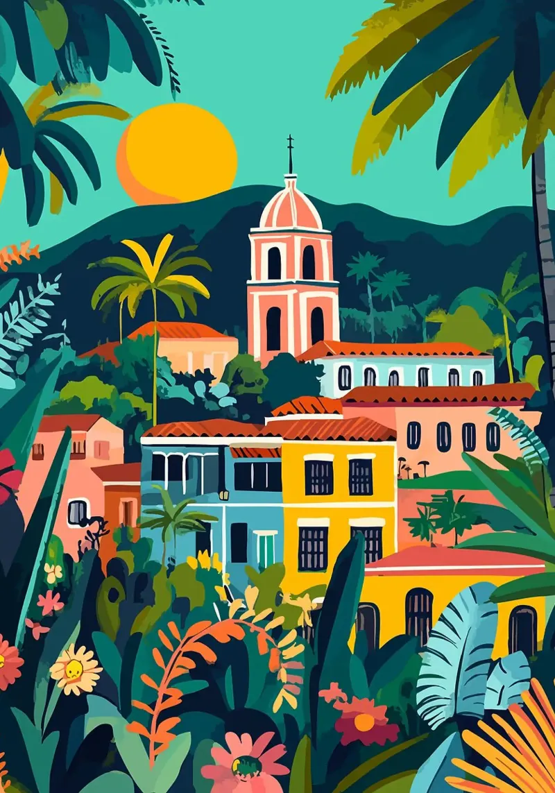 sole montagne fiori tropicali chiesa poster da James Isaac Jackson