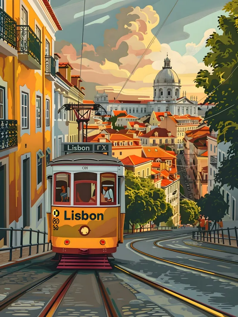 Tram di Lisbona Arte Vintage poster con telaio in alluminio da Vintage Travel Art