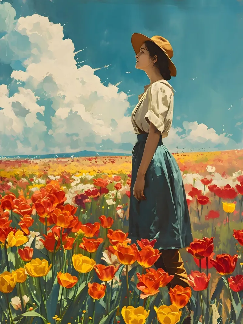 Donna in un campo di tulipani Vintage art poster con telaio in alluminio da Vintage Travel Art
