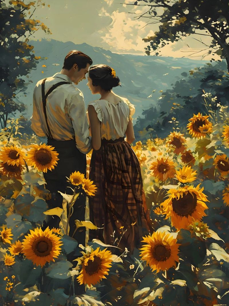 Liebespaar im Sonnenblumenfeld Poster von Vintage Travel Art