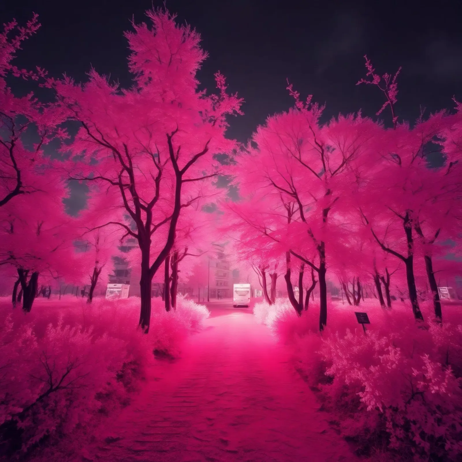 Alberi rosa vibranti che costeggiano un sentiero sereno in un'atmosfera eterea. carta hahnemühle da DesignDoodle