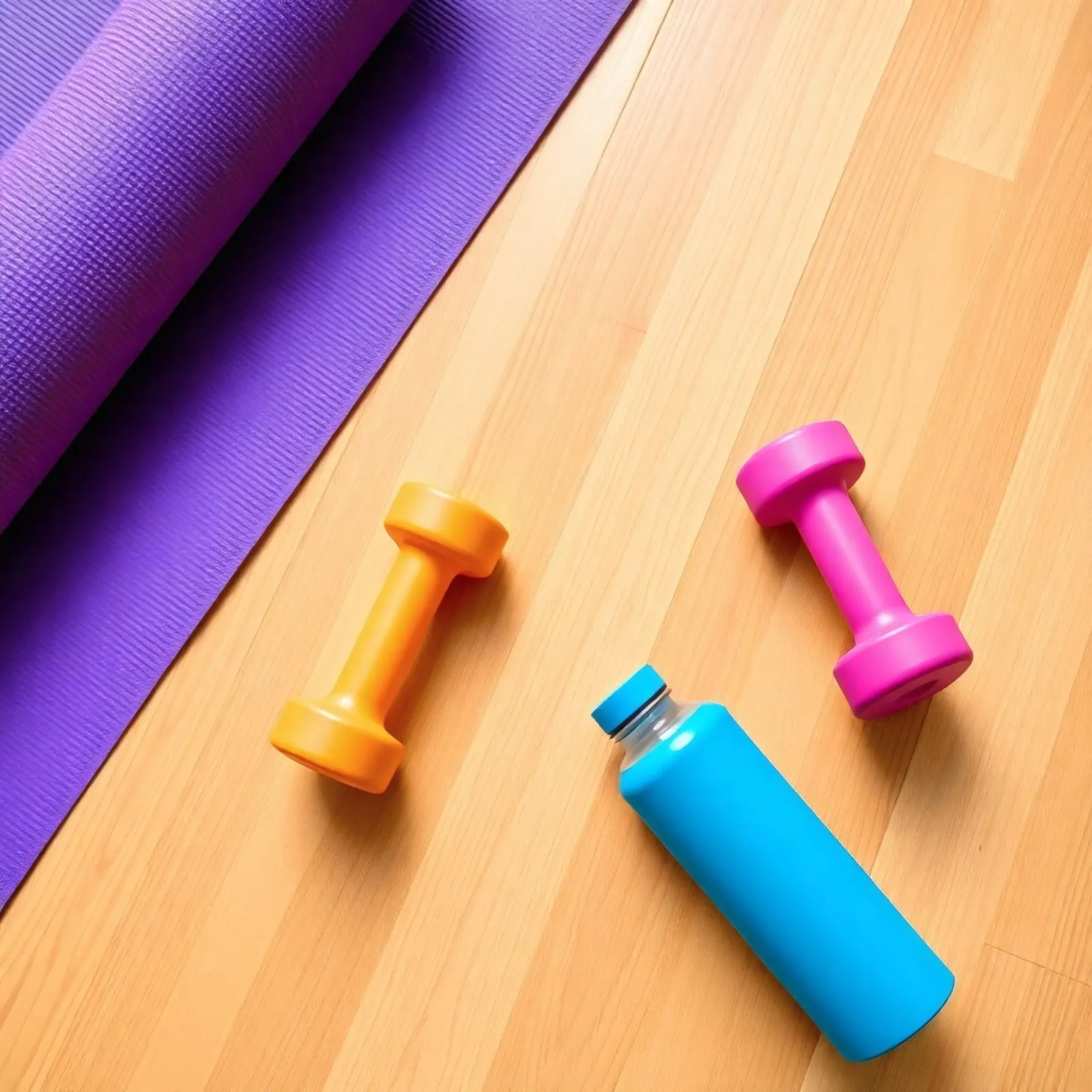 Attrezzature per l'allenamento colorate disposte su un pavimento di legno pellicola backlit da DesignDoodle