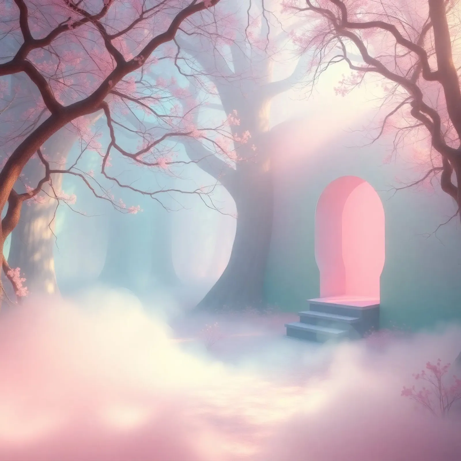 ingresso in una foresta nebbiosa con tonalità rosa e alberi delicati alluminio dibond da DesignDoodle