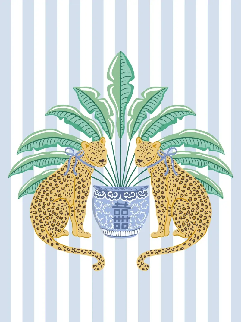 Leopards with ginger jar on a blue stripes plexiglass da Vivdesign