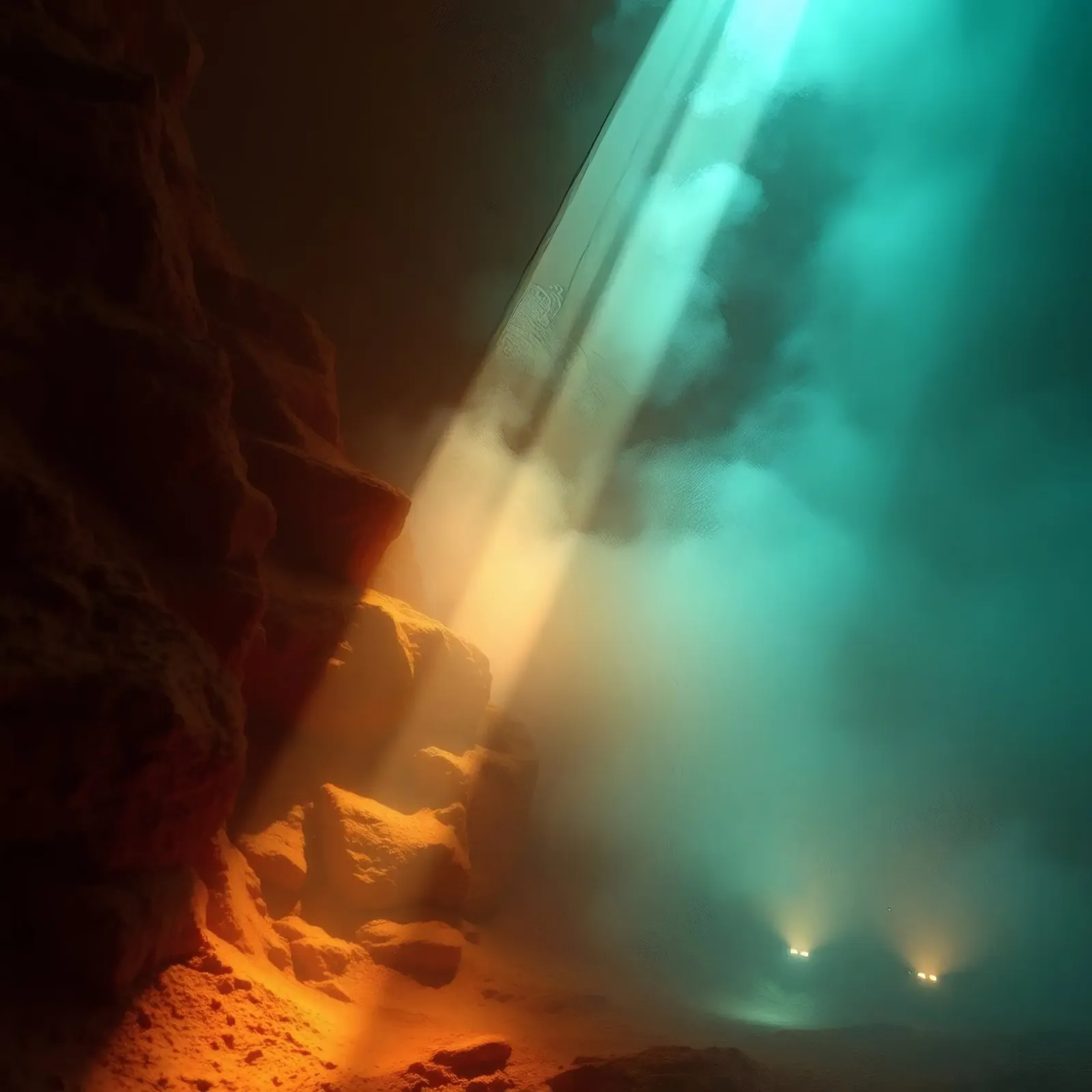 Una misteriosa grotta illuminata da fasci di luce colorati pellicola backlit da DesignDoodle