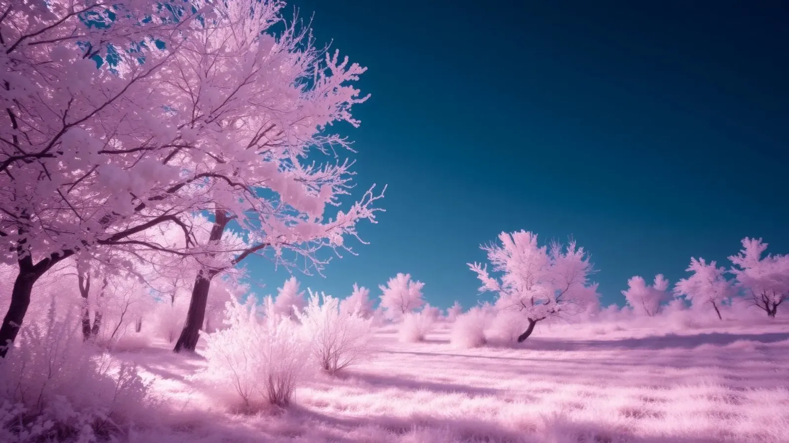 paesaggio invernale con alberi rosa e cielo azzurro pellicola backlit da DesignDoodle