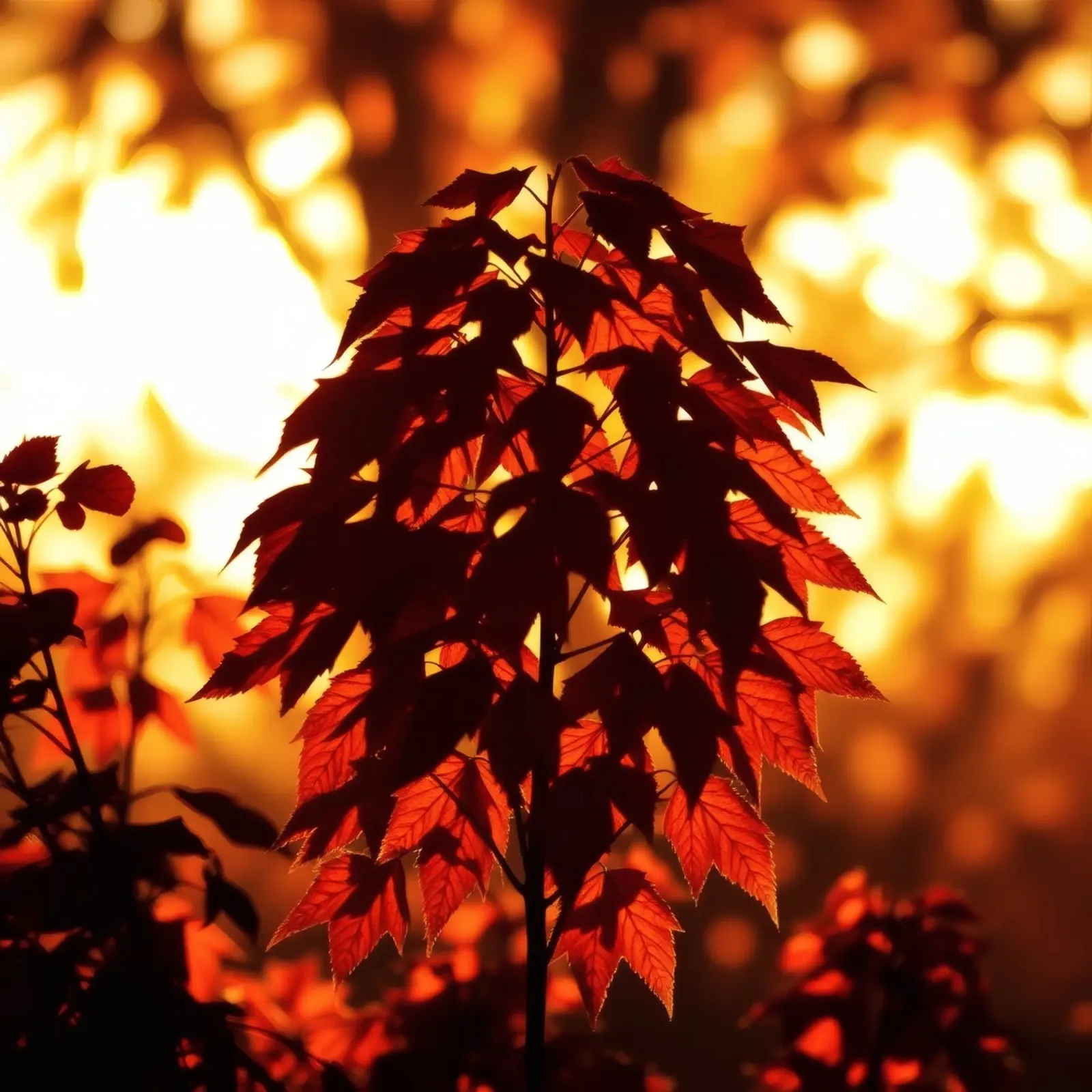Silhouette of autumn leaves against a glowing sunset hahnemühle by DesignDoodle