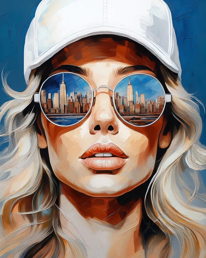 Ritratto bella donna giovane con occhiali da sole skyline di New York poster da Take Your Art BV
