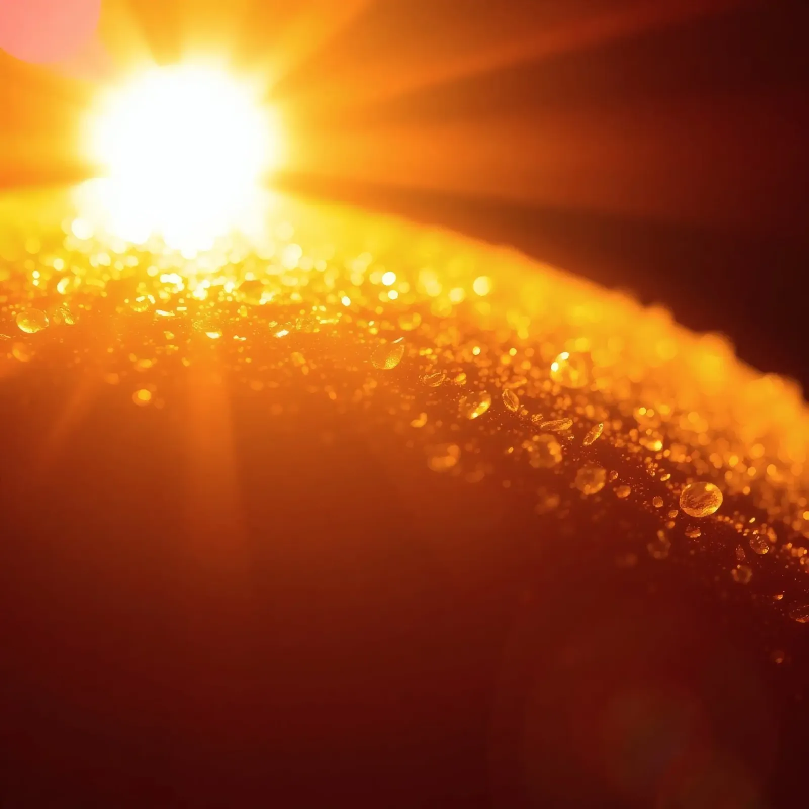 Sunlight glistens on a dewy surface at dawn, creating a warm canvas by DesignDoodle