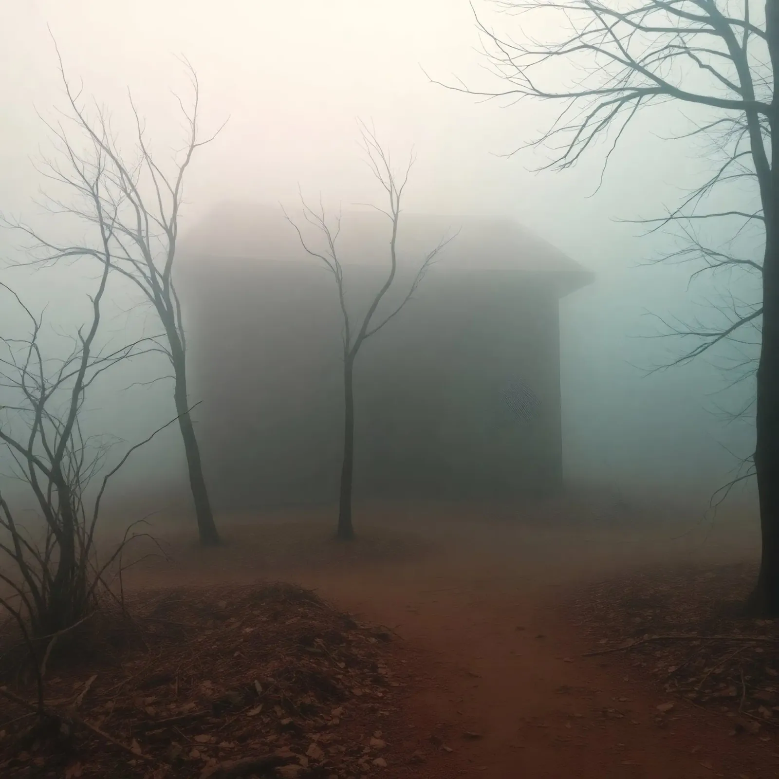 La nebbia avvolge una casa isolata circondata da alberi secchi pellicola backlit da DesignDoodle