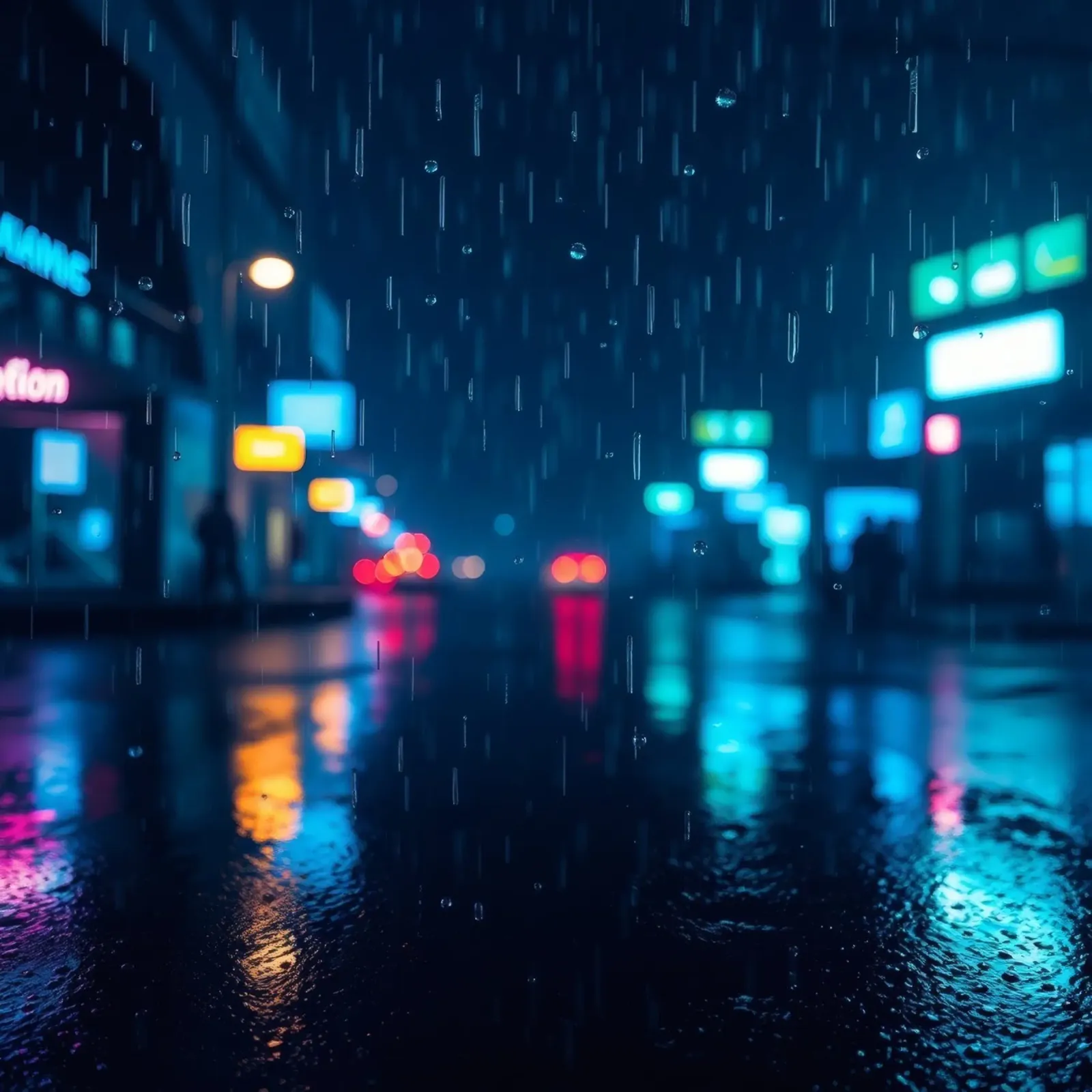 Vita notturna urbana colorata sotto la pioggia con insegne luminose pellicola backlit da DesignDoodle