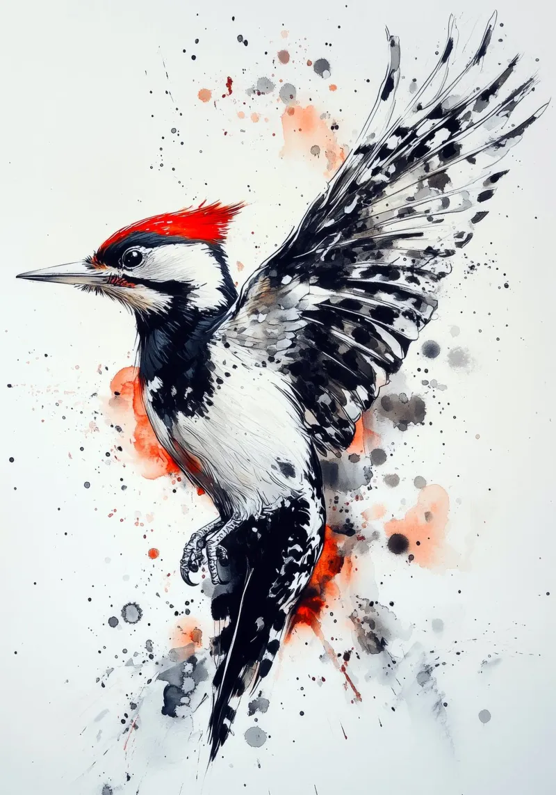 Picchio, arte degli uccelli poster con telaio in alluminio da Justyna Jaszke JBJart